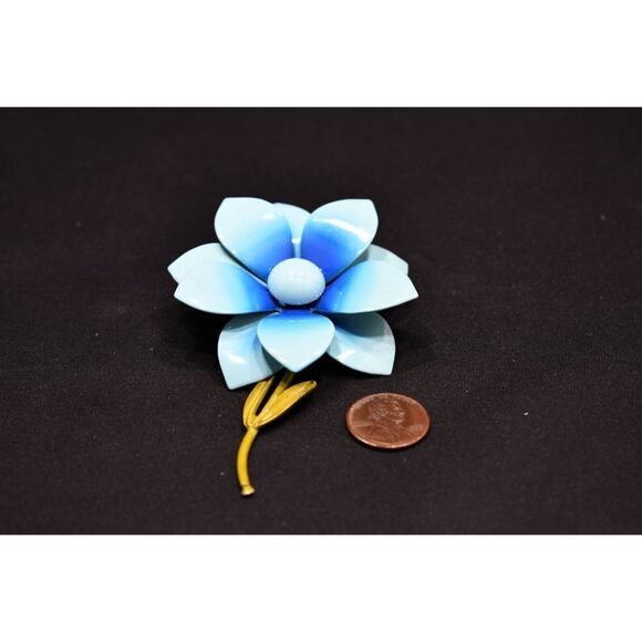Vintage Blue Enamel Metal Flower Green Stem Brooch, 1960s, 3 3/4 Inches - Picture 8 of 10